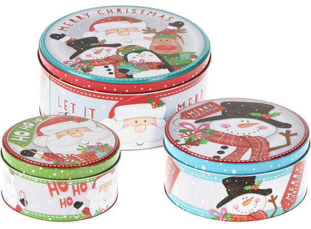 Boks julemotiv metall runde 3stk Forpk 12sett 