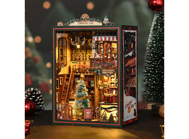 Book Nook Julebutikken 16x11x21,5cm MDF papir LED lys musikk uten batteri 