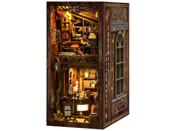 Book Nook Kaffehuset 23x18x11cm MDF papir stoff LED lys uten batteri 