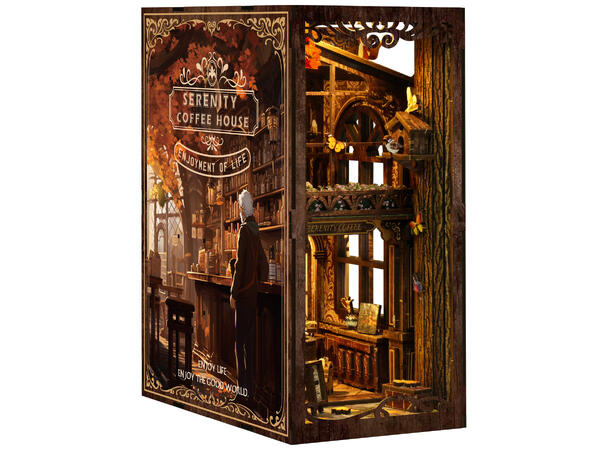 Book Nook Kaffehuset 23x18x11cm MDF papir stoff LED lys uten batteri 