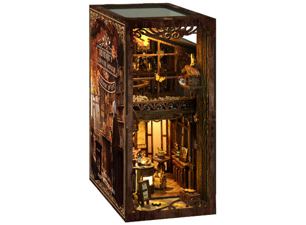 Book Nook Kaffehuset 23x18x11cm MDF papir stoff LED lys uten batteri 