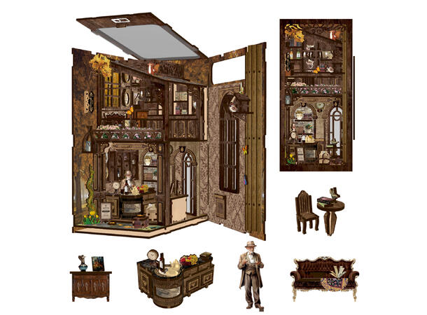 Book Nook Kaffehuset 23x18x11cm MDF papir stoff LED lys uten batteri 