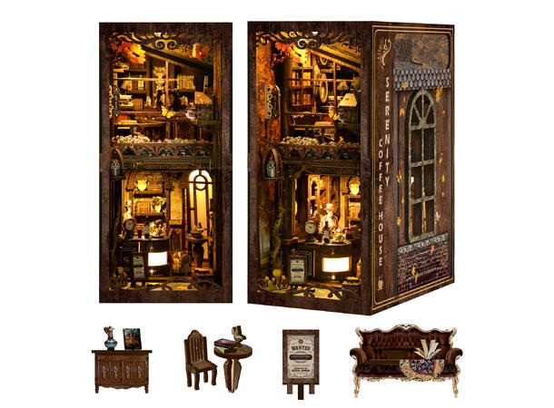 Book Nook Kaffehuset 23x18x11cm MDF papir stoff LED lys uten batteri 