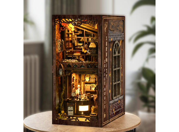 Book Nook Kaffehuset 23x18x11cm MDF papir stoff LED lys uten batteri 