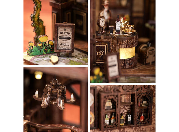 Book Nook Kaffehuset 23x18x11cm MDF papir stoff LED lys uten batteri 