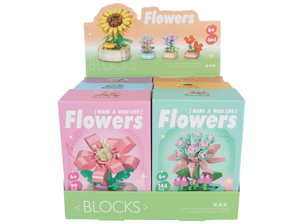 Byggesett blomsterpotte mini kloss 6ass Display 6stk 99-144 deler 