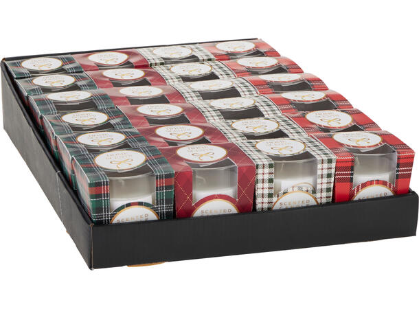 Duftlys glass rutet 7,5x8cm 4ass Display 24stk Brenntid 18-20t 