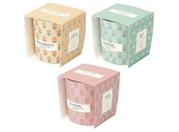 Duftlys i glass 7x7,5cm 120gr voks 3ass Forpk 24st Pion Sandeltre Furu Brenn:24t 