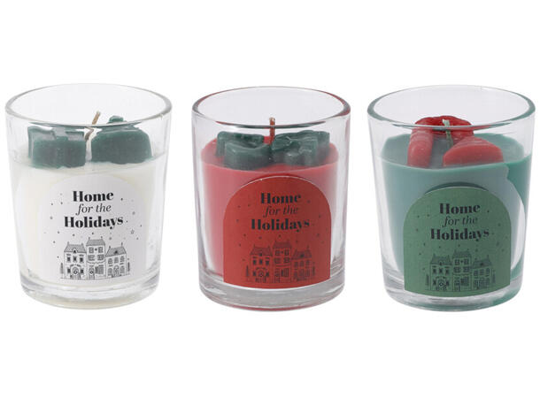 Duftlys m/julefigur 6x7,5cm 3ass Rød Grønn Hvit Brenntid 2t 