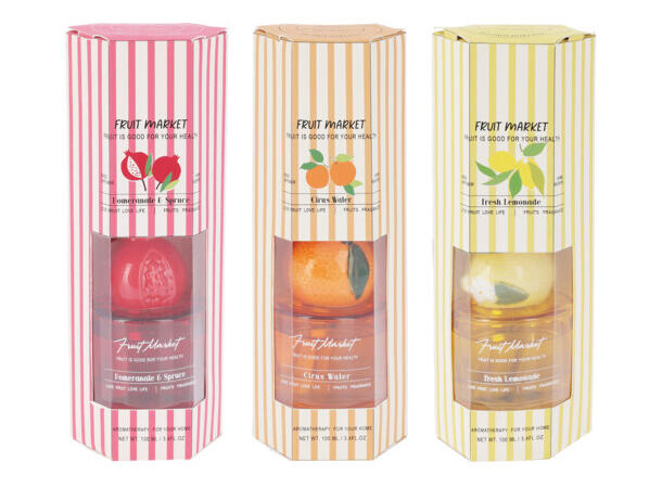 Duftolje 7x7x23cm m/pinner 100ml 3ass Sitron,lemon,granateple 