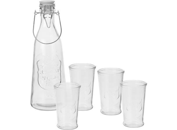Flaske m/kork + glass 5 deler Flaske 1 liter + 4 glass 