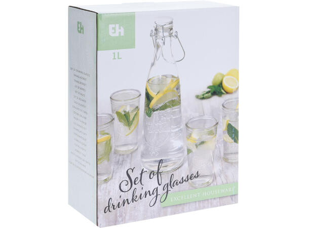 Flaske m/kork + glass 5 deler Flaske 1 liter + 4 glass 