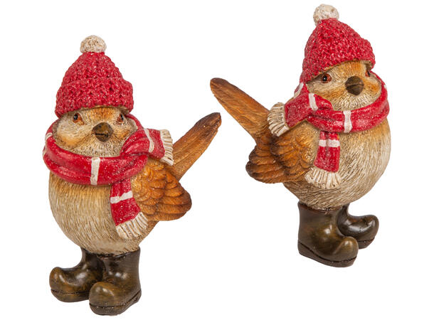 Fugl brun stående rød skjerf h:9cm 2ass 