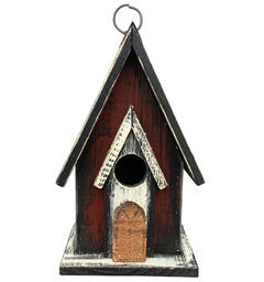 Fuglehus tre/metall oransje 15x13x25cm