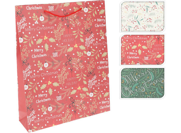 Gavepose Merry Christmas 25x9x35cm 3ass Forpk 24stk Rød grønn hvit 