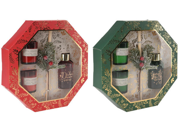 Gavesett 3 deler 1 duftolje 2 lys 2ass Rød Grønn Eple/kanel Misteltein/gran 