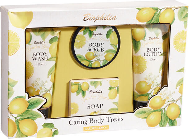 Gavesett velvære 4 deler 3ass Dusjsåpe, lotion, såpe, skrubb 