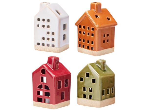 Hus LED keramikk 6x6x11cm 4ass Forpakn.24stk,Batteri:3xLR44 inkludert 