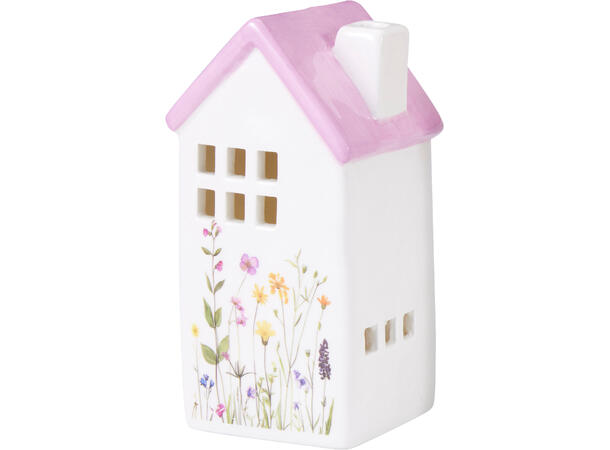Hus LED keramikk m/blomster 13,5cm 4ass Varmhvitt LED 