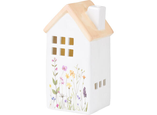 Hus LED keramikk m/blomster 13,5cm 4ass Varmhvitt LED 