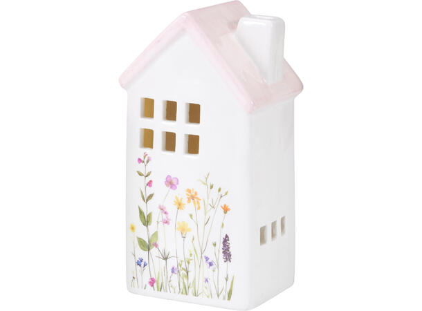 Hus LED keramikk m/blomster 13,5cm 4ass Varmhvitt LED 