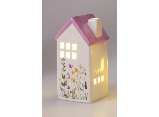 Hus LED keramikk m/blomster 13,5cm 4ass Varmhvitt LED 
