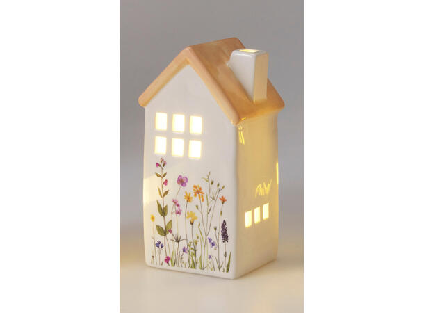 Hus LED keramikk m/blomster 13,5cm 4ass Varmhvitt LED 