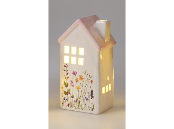 Hus LED keramikk m/blomster 13,5cm 4ass Varmhvitt LED 