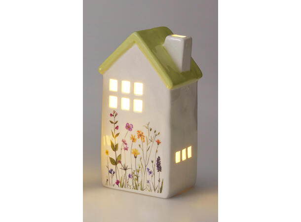 Hus LED keramikk m/blomster 13,5cm 4ass Varmhvitt LED 