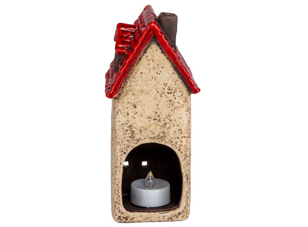 Hus keramikk beige/rød til telys 8x19cm 