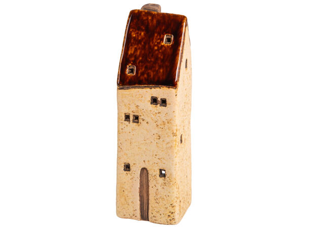 Hus til telys brun/beige keramikk 5,6x18,3cm 