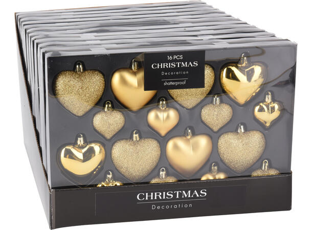 Julekule hjerte gull 4,5-8,5cm 16 stk Display 12pk PP 