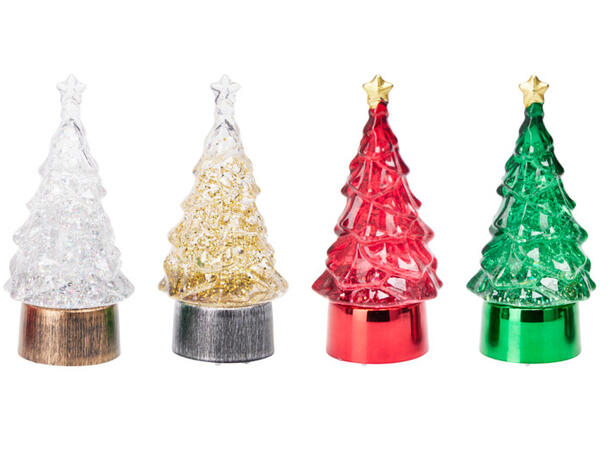 Juletre med vann/glitter/LED 6x12cm 4ass Batteri inkl:3xLR44 Display med 16 stk 