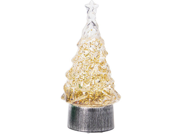 Juletre med vann/glitter/LED 6x12cm 4ass Batteri inkl:3xLR44 Display med 16 stk 