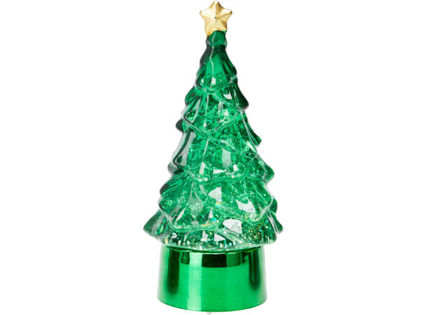Juletre med vann/glitter/LED 6x12cm 4ass Batteri inkl:3xLR44 Display med 16 stk 