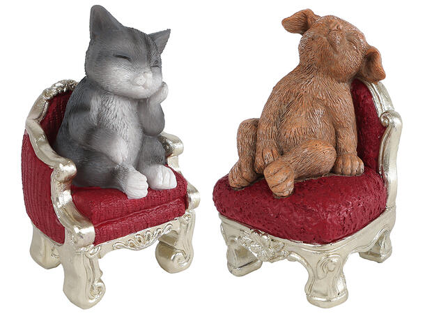 Katt hund i stol polyresin 6x7x12cm 2ass 