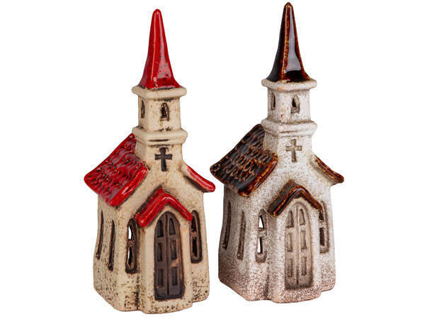 Kirke krem/rød keramikk til telys 18cm 