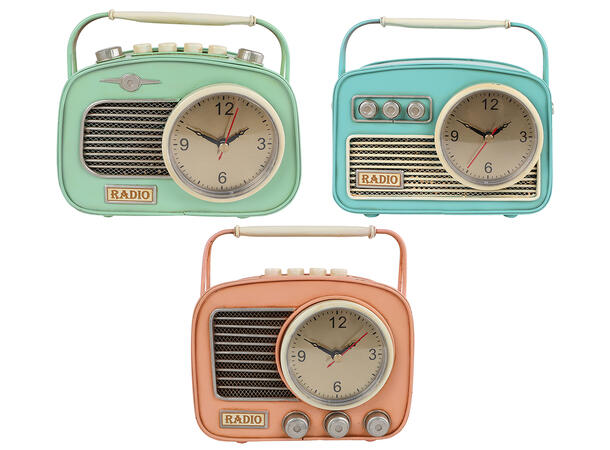 Klokke retro radio metall 18,5x17cm 3ass 