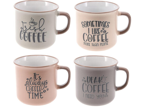 Krus keramikk krus m/tekst 4ass-sitater Forpk 8stk 285ml 285g D:9,3cm H:8cm 