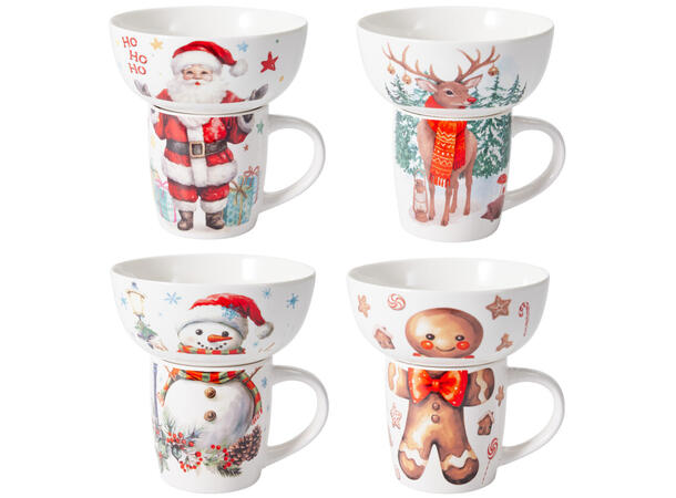 Krus og skål porselen julemotiv 4ass Forpk 8sett  Skål 600ml Krus 360ml 