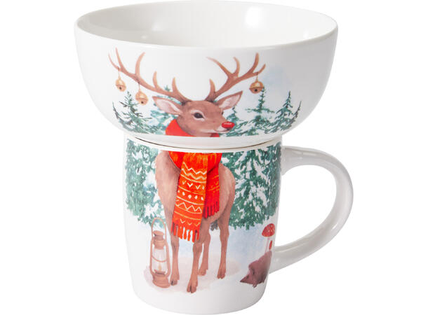 Krus og skål porselen julemotiv 4ass Forpk 8sett  Skål 600ml Krus 360ml 