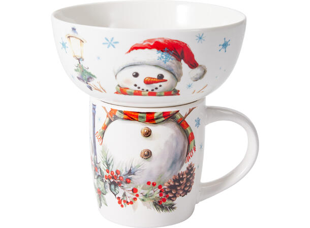 Krus og skål porselen julemotiv 4ass Forpk 8sett  Skål 600ml Krus 360ml 