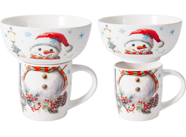 Krus og skål porselen julemotiv 4ass Forpk 8sett  Skål 600ml Krus 360ml 
