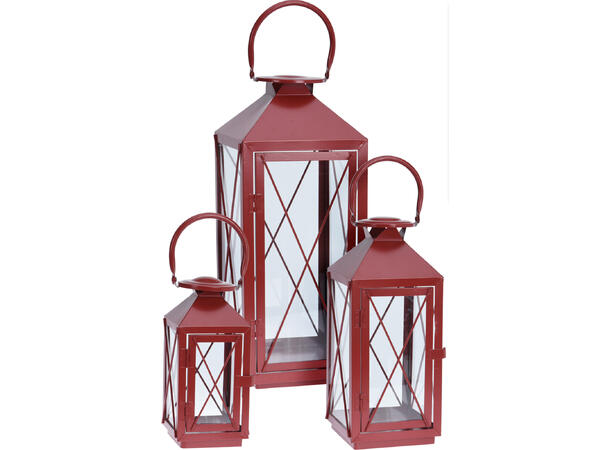 Lykt rød metall m/glass s/3 Forpk 2stk 18,5x47cm 14x34cm 11x23 cm 
