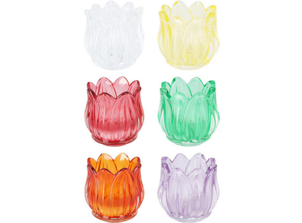 Lysestake glass tulipan telys 7x7cm 6ass Forpk:36stkRosa,gul,oran,rosa,hvit,grønn 
