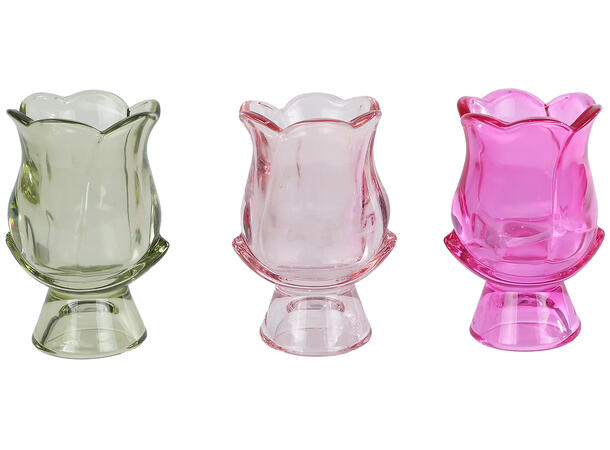 Lysglass Tulipan  12cm 3ass Forpakning: 6stk Grønn/rosa/fuchsia 