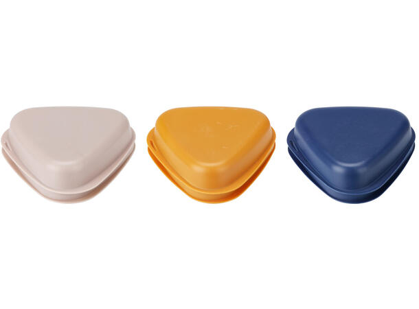 Matboks 19,5x19x6,5cm + bestikk 3ass s/4 PP-materiale blå,oker,grå 