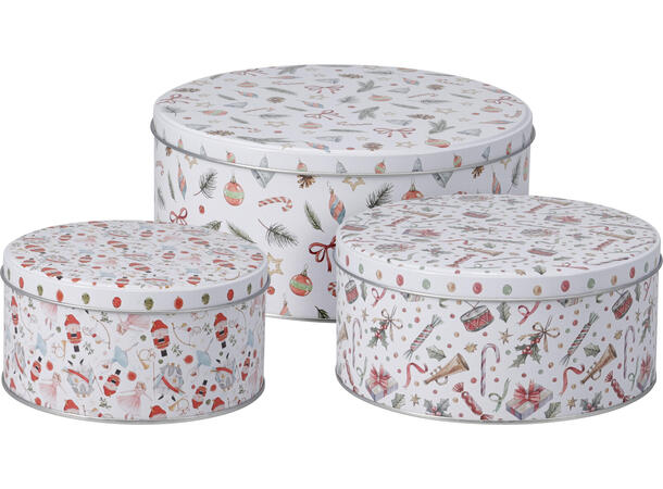 Metallboks Juledesign rund s/3 Forpk 12sett 20x9cm 17x8cm 13x7cm 