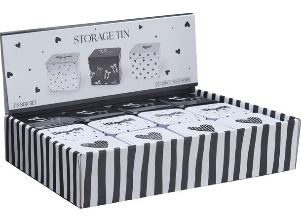 Metallboks Svart/Hvit Sløyfe Hjerte 3ass Display 12stk  8x8x6cm 