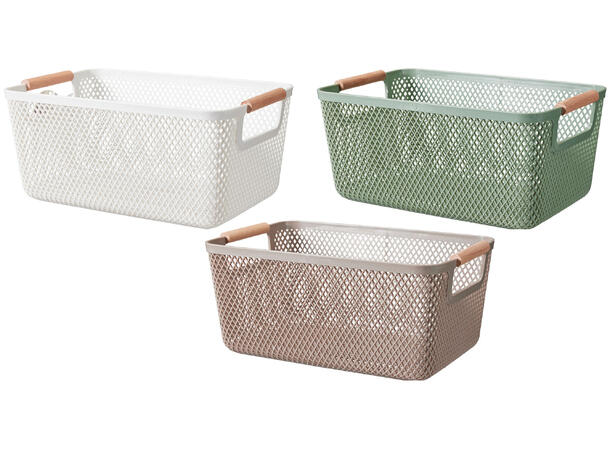Oppbevaringskurv 31x20x14cm 3ass PP med bøkehåndtak 